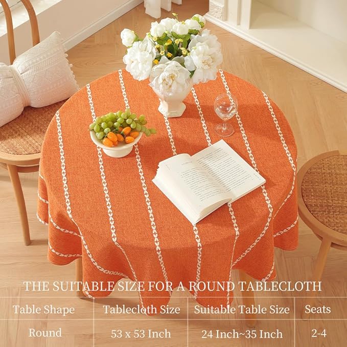 Zobesta Linen Table Cloth Burnt Orange Round Tablecloth 53 inch, Washable Farmhouse Soft Boho Round Table Cloth for Halloween,Thanksgiving, Party, Dining, Outdoor, Fall