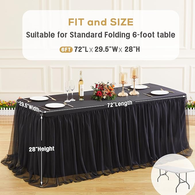 Black Tulle Tablecloths for 6 Foot Rectangular Tables 6ft Black Table Cloth Rectangle Wrinkle Free Stretch Spandex Table Cover with Tutu Skirt for Wedding Birthday Party Banquet Buffet Tradeshow