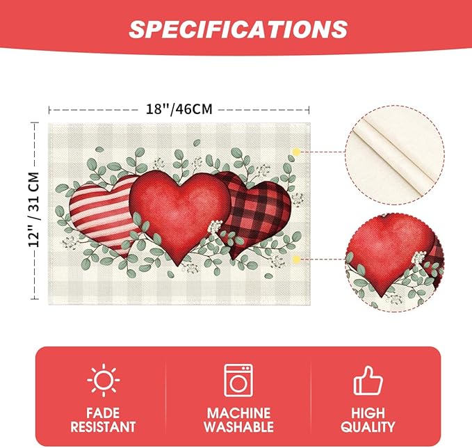 Artoid Mode Buffalo Plaid Eucalyptus Hearts Valentine Placemats Set of 2, 12x18 Inch Anniversary Wedding Table Mats for Party Kitchen Dining