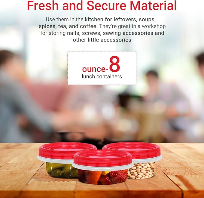 [Red - 12 Pk] Airtight Deli Containers with Lids Twist Lock Top Clear Food Storage for Meal Prep Snacks and Leftovers Freezer and Microwave Safe Stackable Leak-Resistant and 12 Pc. Set (8 Ounce)
