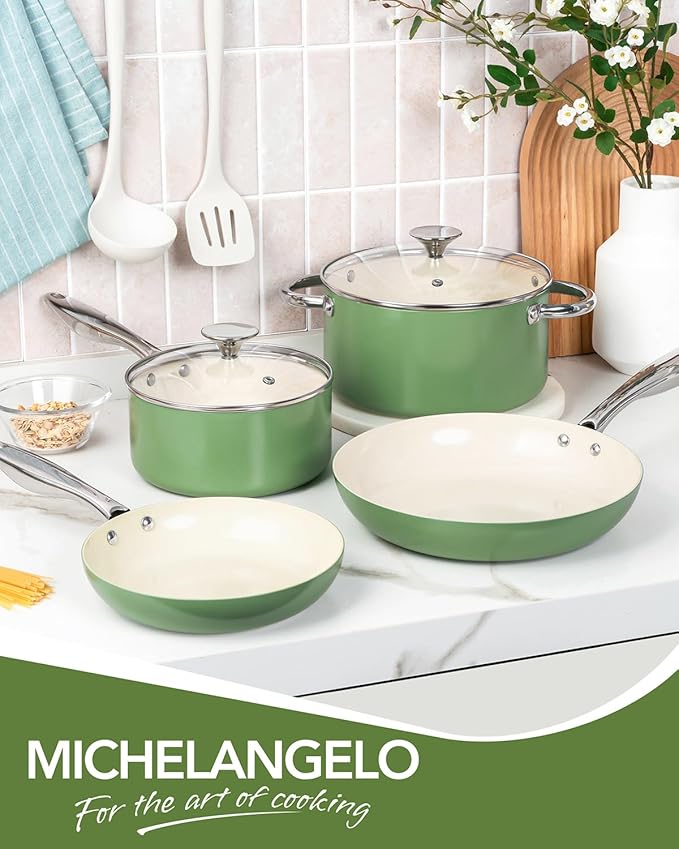 MICHELANGELO Pots and Pans Set Non Stick - Titanium Cookware Set Non Toxic Ceramic Coating, 8-Pcs Nonstick Pots and Pans with Ergonomic Handle, Dishwasher Safe & Induction Compatible, Green