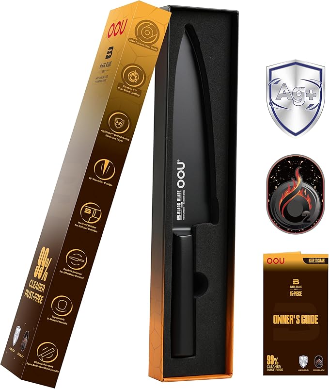 OOU® Black Blade 8 Inch Chef Knife with AgShield™ & Cerablack™ Technology, Rust-Resistant & Easy-Clean Finish, High Carbon Stainless Steel for Meat & Vegetables