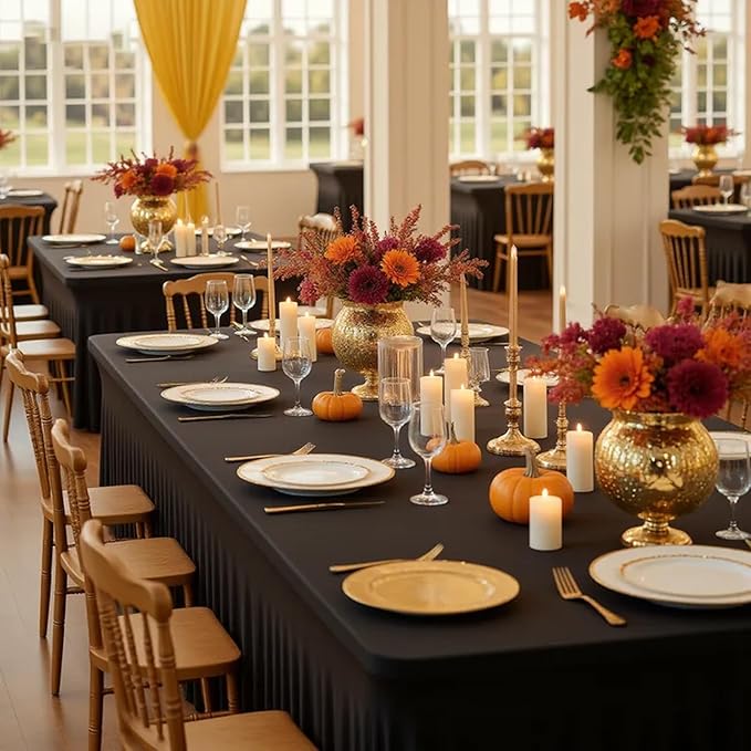 6 Pack Black Rectangle Tablecloth 72 Inch with Elastic Skirt - Wrinkle-Resistant Spandex Fitted 6FT Tables, Stretchable Table Cover for Wedding Banquet Birthday Party Buffet Restaurant