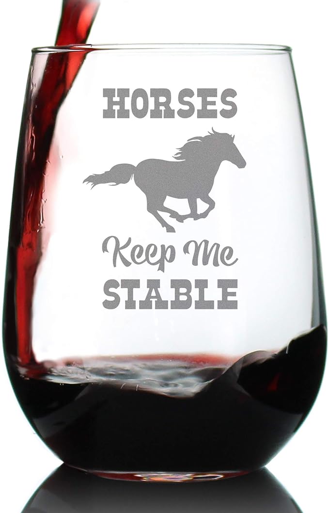 Bevvee Horses Keep Me Stable – Funny Stemless Wine Glass, Large 17 Ounces, Etched Sayings, Gift Box