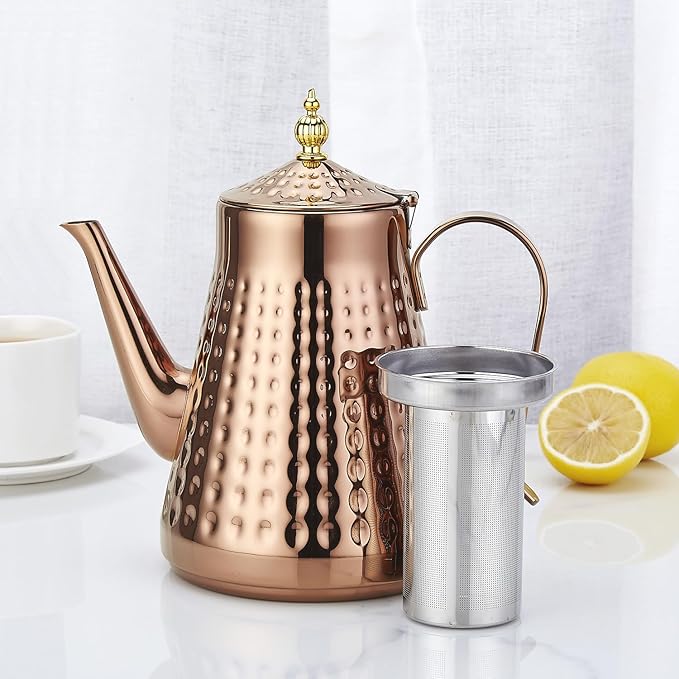 SANQIAHOME 1.8L(60oz) Stainless Steel Hammer Patterned Teapot With Removeable Infuser,Loose leaf cover,Copper