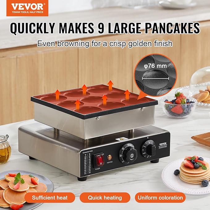 VEVOR Dutch Pancake Maker, 9PCS 76mm Diameter Dorayaki Baker Machine, 850W Commercial Electric Poffertjes Grill, Non-stick Stainless Steel, Temp & Time Control, for Home Kitchen Restaurant Snack Bar