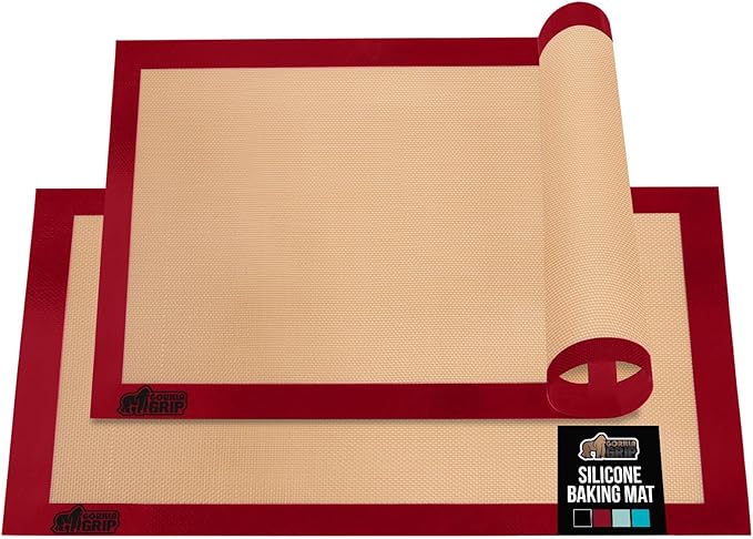 GORILLA GRIP Reusable Nonstick Silicone Baking Mat, 2-Pack, 16.5x11.87, Half Sheet, BPA-Free Oven Safe Food Liner for Cookie Sheets, No Mess Easy Clean Pastry Mats, Holiday Baking Essentials, Red