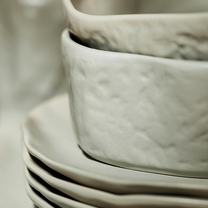 Stone by Mercer Project Atik Modern Stoneware 16-Piece Dinnerware Set, Plate and Bowl Set, Dish set for 4, Sage-Grey