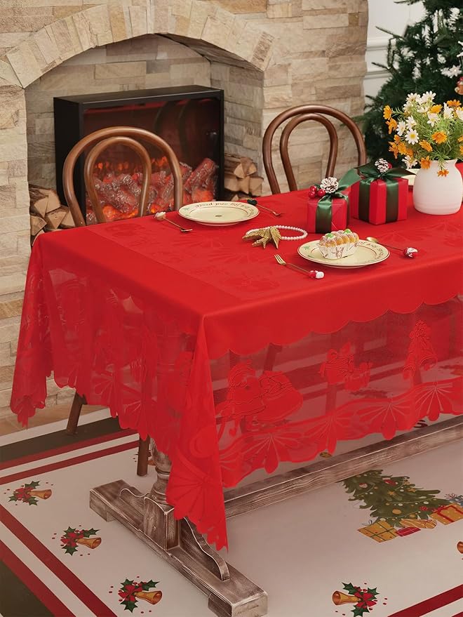 Jayla Christmas Red Lace Tablecloth, Vintage Red Lace Rectangular Tablecloth for Party Picnic Dinner Decor, 54 x 87 Inches
