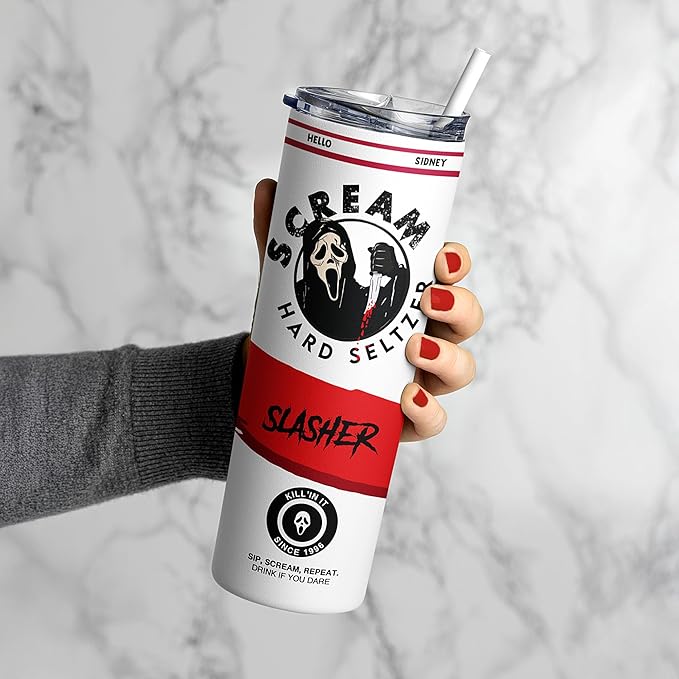 Scream Ghostface Tumbler, Hard Seltzer Themed, Scary Movie Horror Slasher Fan Gift, Insulated Travel Mug, Funny Novelty Gifts, Christmas Halloween Any Occasion, Coffee Drinker - 20 Oz