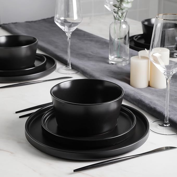 Stone Lain Celina Stoneware 16 Piece Modern Dinnerware Set, Plates and Bowls, Black Matte, Service for 4, Microwave & Dishwasher Safe