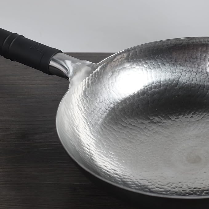 Wok pan 5th Generation, Traditional Hand Hammered Uncoated Carbon Steel Pow Wok with one piece Steel Handle one piece pan (13.3 Inch, Round Bottom) 1.8 mm thickness