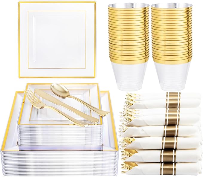 DaYammi 175 PCS Clear Gold Plastic Plates,Gold Plastic Dinnerware Sets,Includes: 25 Dinner Plates,25 Salad Plates,25 Pre Rolled Napkins with silverware,25 Cups 9 OZ, Perfect for Wedding and Party