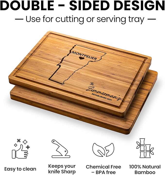 Vermont Cutting Board - Personalized Wooden States Gifts, State Shaped Destination Gifts for Host Family, Bamboo Moving Away Gifts for Home