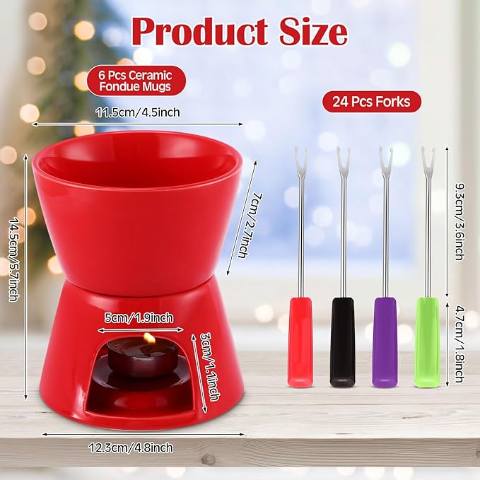 Mudder 6 Pieces Fondue Mug Ceramic Pot and 24 Pieces Forks Set for Melting Chocolate, Cheese, Broth or Tapas on Valentine's Day Gift(Red)