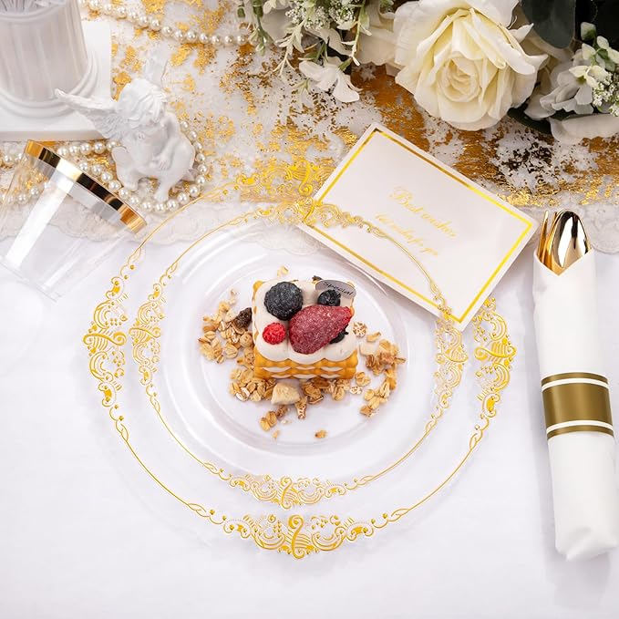 Nervure 175PCS Clear Gold Plastic Plates - Disposable Gold Party Plates & Pre Rolled Napkins with Cutlery for 25 Guests, 50Plates, 75Silverware, 25Cups, 25Napkin for Wedding & Party