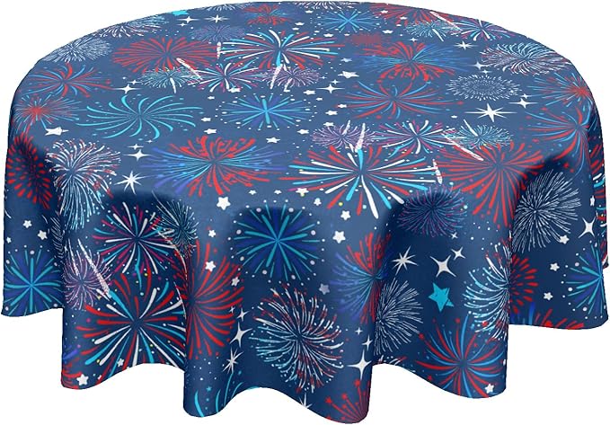 4th of July Round Tablecloth 70 Inch Patriotic Red and Blue Fireworks Polyester Table Cloth Independence Day Memorial Day Table Cover Decoration for Kitchen Dinner Party