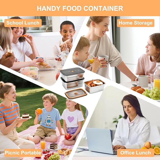 3 Pack Food Storage Containers with Lids, Stainless Steel Fridge Storage Containers Airtight Leak-Proof Metal Storage Containers for Food Leftover Storage at Home or for Camping Trip Road Trip (3 Pcs)