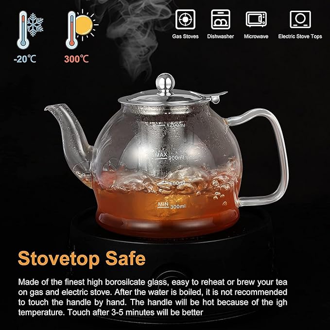 Glass Teapot, 40oz/1200ml Tea Pot with Removable Infuser for Loose Tea, Stovetop Safe Borosilicate Glass Tea Kettle with Strainer and Lid, Hand Crafted Clear Teapot with Scale Line, Tea Brewer Guide