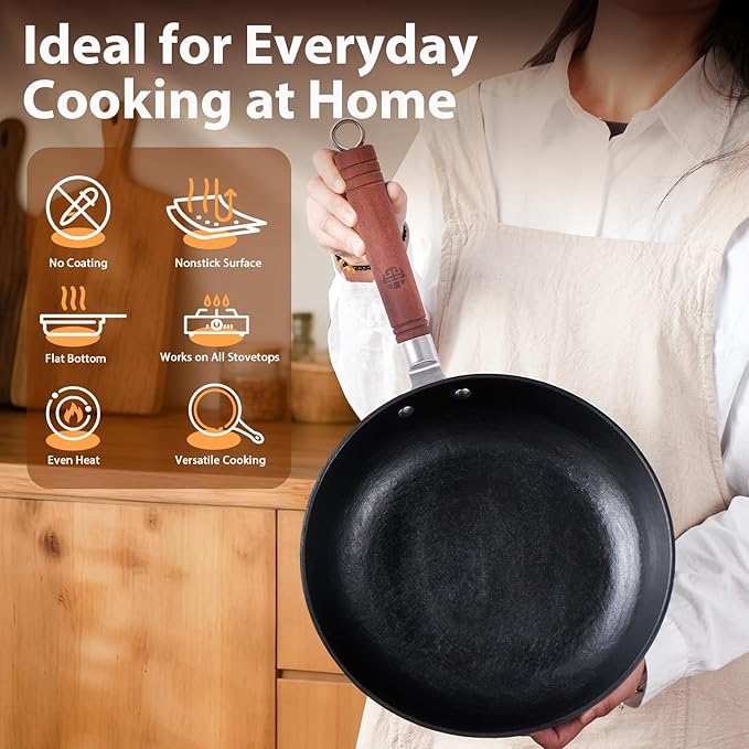 WANGYUANJI 10.2 Inch Cast Iron Skillet & Griddle Pan with Glass Lid, Deep Flat Bottom Frying Pan, Uncoated Small Pan for Eggs, Pancakes & Bacon, for Gas, Electric & Induction Cooktops