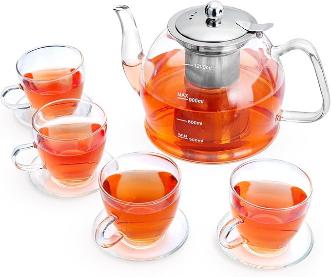 Tea Pot Set – 1200ml Glass Teapot with Removable Stainless Steel Infuser, and 4 Glass Teacups, Stovetop Safe Tea Kettle Gift Set, Blooming and Loose Leaf Tea Maker Set