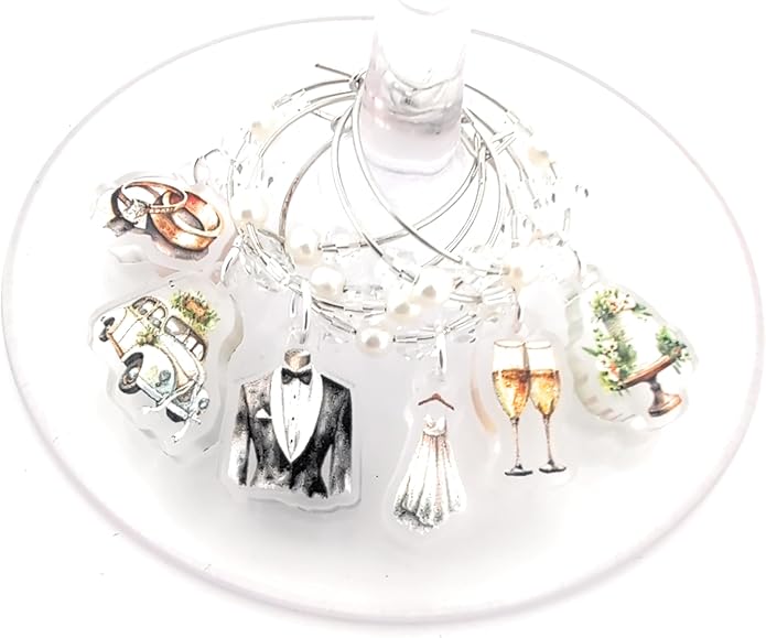 Pixie – Wedding Wine Glass Charms Gift with Tuxedo, Wedding Dress, Rings, Champagne, Car and Cake Designs, Silver-Tone with Pearl Accents, Engagement Party, Bridal Shower and Gifts - 6 Pack