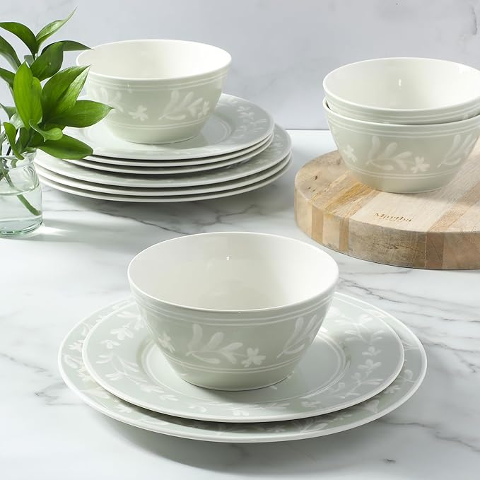 Martha Stewart Maiden Crown 12-Piece Sage Green Dinnerware Set – New Bone China Ceramic Plates & Bowls – Floral Design – Service for 4 – Microwave & Dishwasher Safe