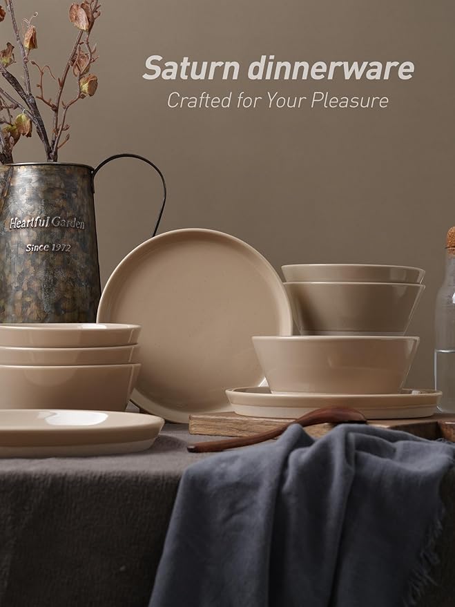 Famiware Saturn Dinnerware Sets for 4, 12 Pieces Stoneware Plates and Bowls Dish Set - Chip and Scratch Resistant, Microwave and Dishwasher Safe Tableware, Cinnamon Brown