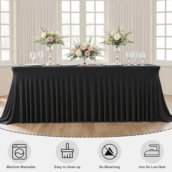 6 Pack Black Rectangle Tablecloth 72 Inch with Elastic Skirt - Wrinkle-Resistant Spandex Fitted 6FT Tables, Stretchable Table Cover for Wedding Banquet Birthday Party Buffet Restaurant
