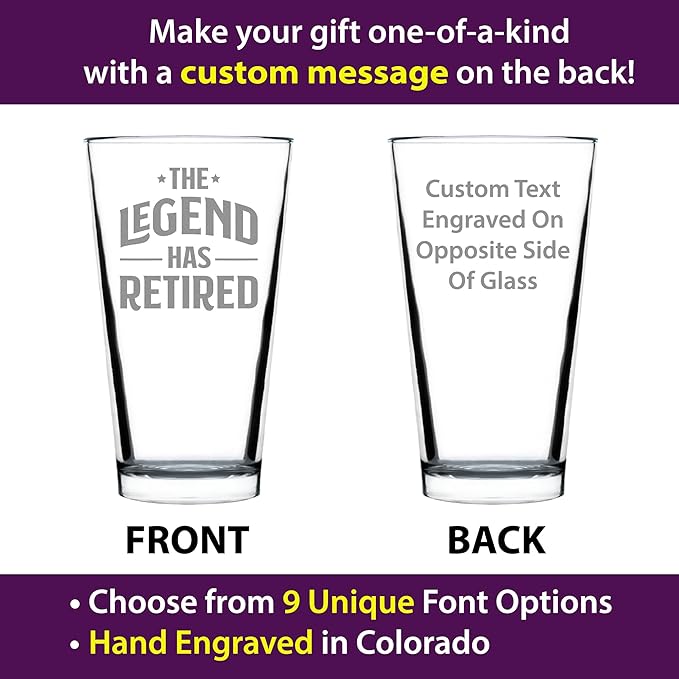 Custom The Legend Has Retired - Pint Glass for Beer - Funny Retirement Gifts for Boss or Coworkers - 16 Oz