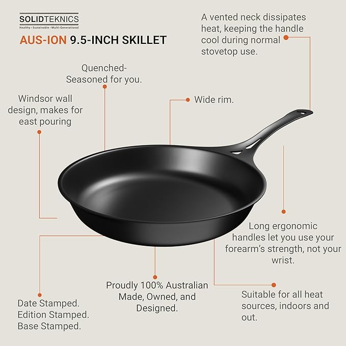 SOLIDTEKNICS AUS-ION Lightning Long Handle Skillet with Lil Flippa & Pan Scraper, 9.5 Inch Naturally Seasoned Versatile Iron Pan for Everyday Frying, Camping, BBQ & Oven Safe Cooking