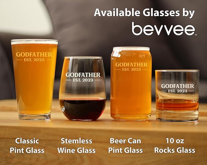 Bevvee Godfather Est 2023 - New Godfather Pint Glass Proposal Gift for First Time Godparents - Bold 16 Oz Glasses
