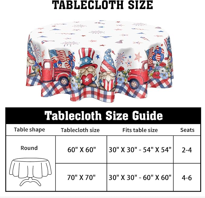 4th of July Round Tablecloth 70 Inch Patriotic Truck Gnome American Flag Polyester Table Cloth Memorial Day Independence Day Table Cover Decoration for Kitchen Dinner Party