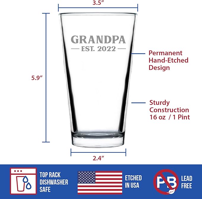 Bevvee Grandpa Est 2022 - New Grandfather Pint Glass Gift for First Time Grandparents - Bold 16 Oz Glasses