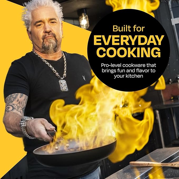 Guy Fieri's Flavortown 15-Piece Ceramic Cookware Set, Nonstick Pots and Pans for Cooking, Easy-Clean Kitchen Cookware, Made without PFAS PTFE PFOA, Induction Compatible, Oven & Dishwasher Safe, Black