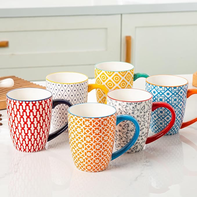 Ceramic Coffee Mugs Set - 16 Oz Large Porcelain Tea Cups with Handle for Women Men Cocoa Latte Cappuccino - Christmas Housewarming Gift - Microwave Dishwasher Safe - Set of 6 - Assorted Colors