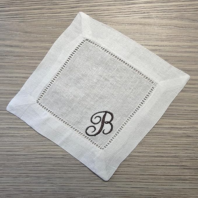 Personalized Embroidered Linen Cotton White Cocktail Napkins Cloth Hemstitch, Custom Initials Letter Name Wedding Party Kitchen Monogrammed Coasters (Set of 4)