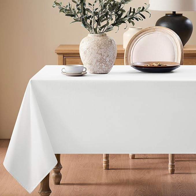 Faux Linen Tablecloths for Rectangle Tables, Burlap Textured Table Cloths Washable Farmhouse Table Cover Water Resistant for Dining, Wedding, Outdoor(White, 52"×70")