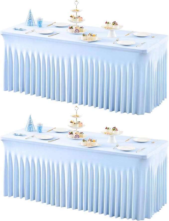 2 Packs Baby Blue Spandex Tableclothes for 6 Foot Rectangle Table, Spandex Table Covers 6FT Stretch Table Skirts Rectangle Wrinkle Free Fitted Tablecover for Event, Wedding, Banquet & Parties