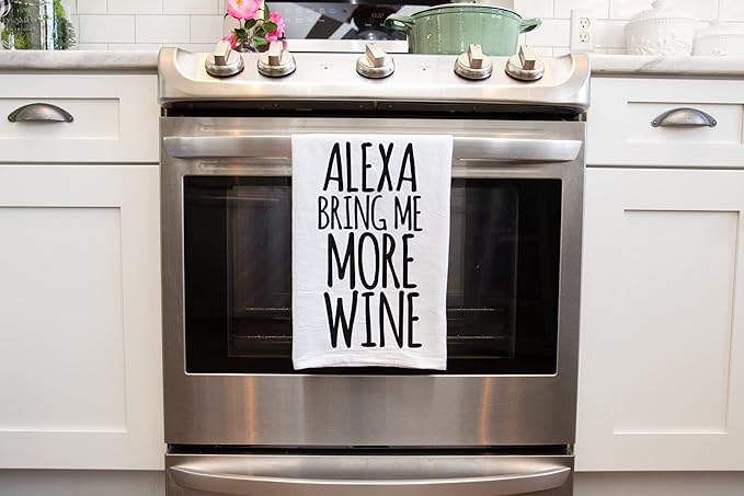 Handmade Funny Kitchen Towel - 100% Cotton Funny Hand Bar Towels for Wine Lover - 28x28 Inch Perfect for Hostess Housewarming Christmas Mother’s Day Birthday Gift (Alexa Bring Me More Wine)