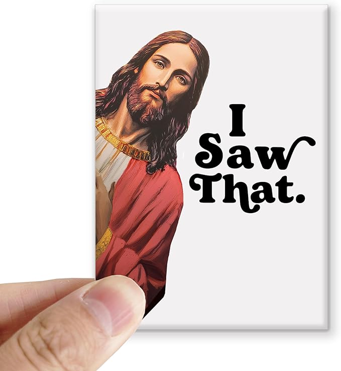 Funny Jesus “I Saw That” Ceramic Magnet, Refrigerator Magnet for Home or Office, Cute Bible Meme Decor, White Elephant Gift Idea, Christmas Gag Magnet, 2 x 2.75 Inch (Red)