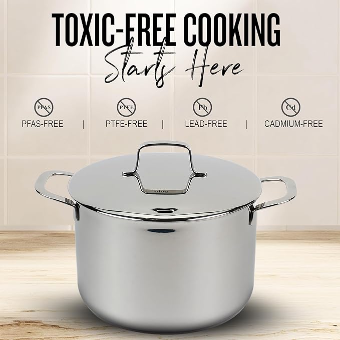 Alva Maestro Stainless Steel Stock Pot 8Qt. - Lasered Engrave Measurement, Oven Safe and Made without PFAS, PFOA & PTFE - Induction and All Stovetop Compatible with Even Heat Distribution