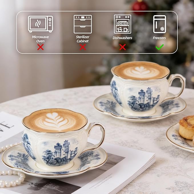 KAMMAK Tea Cups and Saucers Set of 2, Porcelain Coffee Cups, 8-Ounce Stackable Espresso Mugs, Ceramic Demitasse for Coffee, Latte, Americano, Tea, Retro Blue