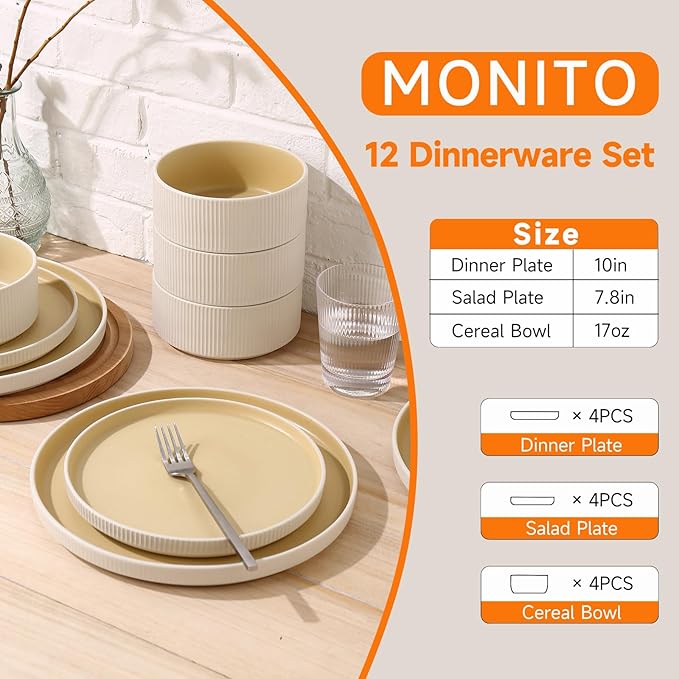 MONITO Ceramic Dinnerware Sets for 4, 12PCS Stoneware Plates and Bowls Sets, Reactive Glaze Dish Set, Chip and Scratch Resistant Double, Microwave and Dishwasher Safe, White Orange