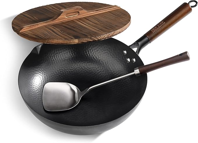 New Star Foodservice 1029154 Hand Hammered Carbon Steel, Non-Stick Wok Carbon Steel, Includes 12.7" Round Bottom, Wooden Lid, and Spatula (Hand Wash Recommended)