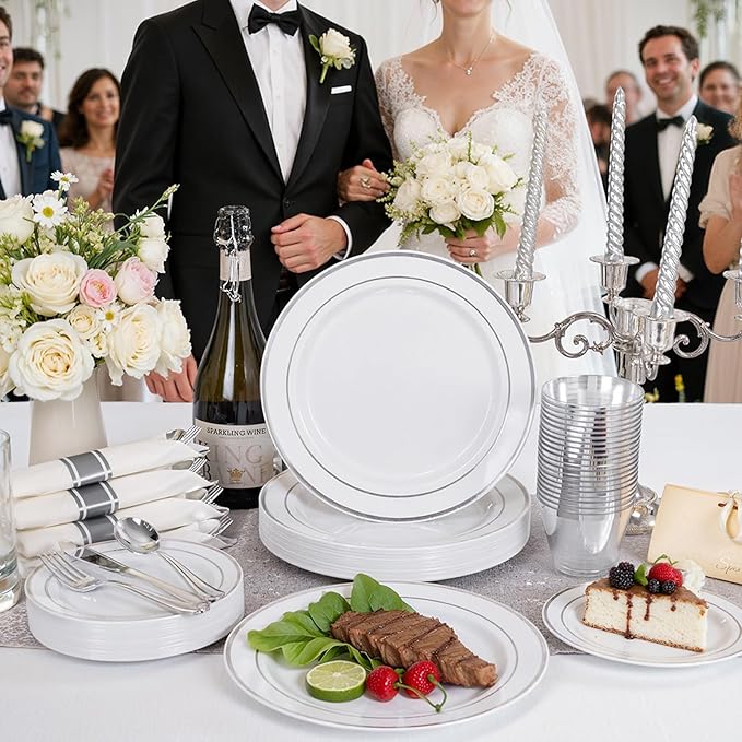 175PCS Sliver Plastic Plates - Silver Plates Disposable - White Plate with Silver Trim 25Guests Plastic Dinnerware Sets with Rolled Napkins for Wedding/Birthday/Valentine's Day
