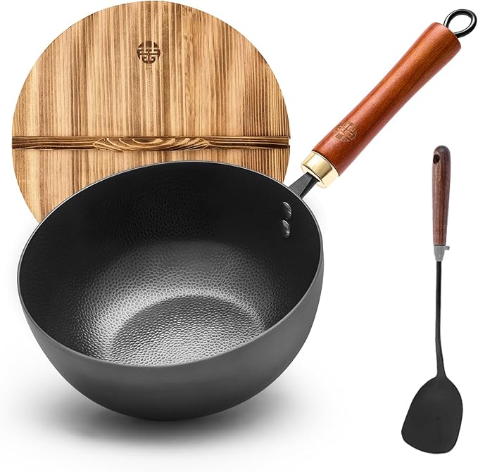 WANGYUANJI Carbon Steel Wok with Lid, 8.7" Small Mini Wok Pan, Thickened Heavy Duty Flat Bottom for Deep Frying, Camping & Solo Meals, Induction Ready, Seasoning Required