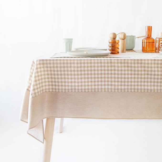 MONDAY MOOSE Gingham Checkered Farmhouse Rustic Picnic Style Decoration Square Natural Stonewashed Cotton Tablecloth for Kitchen, Dining Room, Restaurant (60" Square, Beige)