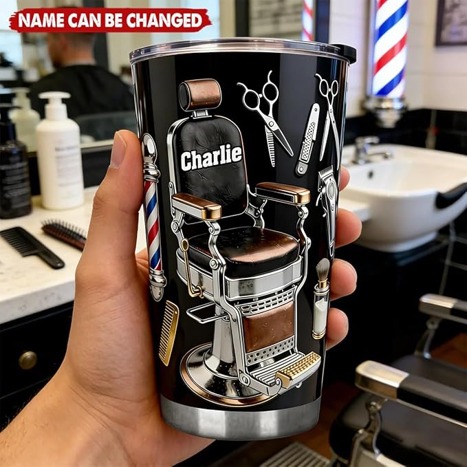 Barber Chair 2D Printed Personalized Tumbler, Barber Tumblers for Men, Custom Name Hairdresser Stainless Steel Tumbler, Barber Gifts for Men, Hairdresser Gifts, Hairstylist Gift for Men, Husband, Dad