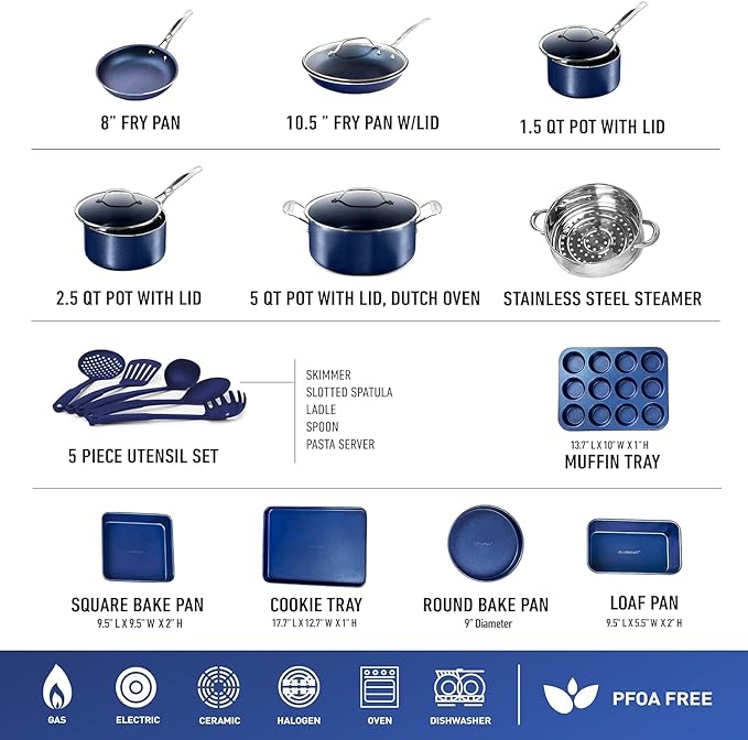 Granitestone 20 Pc Kitchen Pots and Pans Set Non Stick Cookware Set, Kitchen Cookware Sets with Cooking Utensils and Bakeware Set, Made Without PFOA and PFOS, Oven and Dishwasher Safe